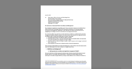 CDT and GFI Lead Broad Coalition Warning White House of Risks of Workplace Electronic Surveillance and Automated Management. White document on a grey background.