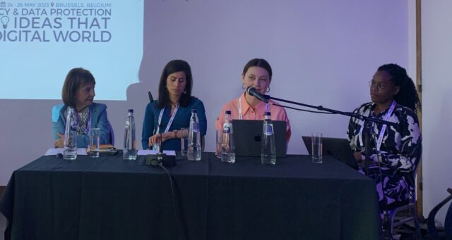Photograph of four panellists, including CDT Europe’s Asha Allen at right, giving a workshop on data protection in the EU on political advertising proposal regulation.