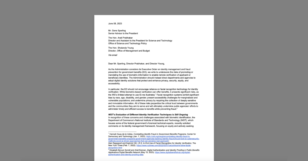 Letter to White House from CDT and Rights Groups Warns of Risks from Using Biometric Info for ID Verification. White document on a grey background.