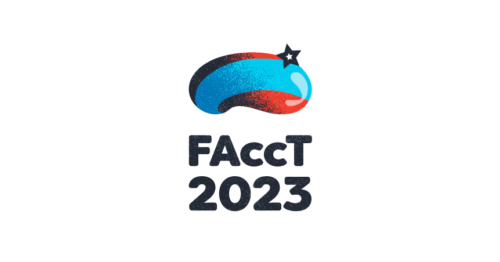 Red oval with blue stripe and star. FAccT 2023.