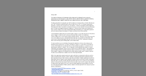 CDT & ACLU Urge Meta Oversight Board to Protect Speech in Abortion-Related Cases. White document on a grey background.
