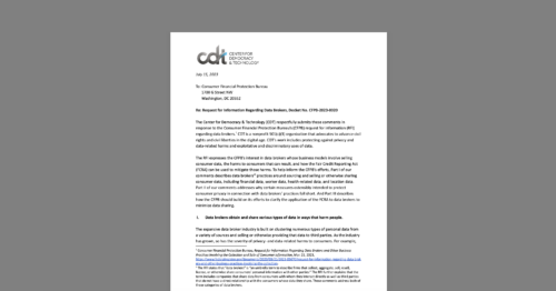 CDT Comments to CFPB Lay Out Data Broker Harms That Should Be Held Accountable. White document on a grey background.