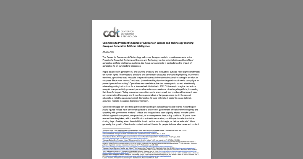 CDT Comments to President’s Council of Advisors on Science and Technology Working Group on Generative AI. White document on a grey background.