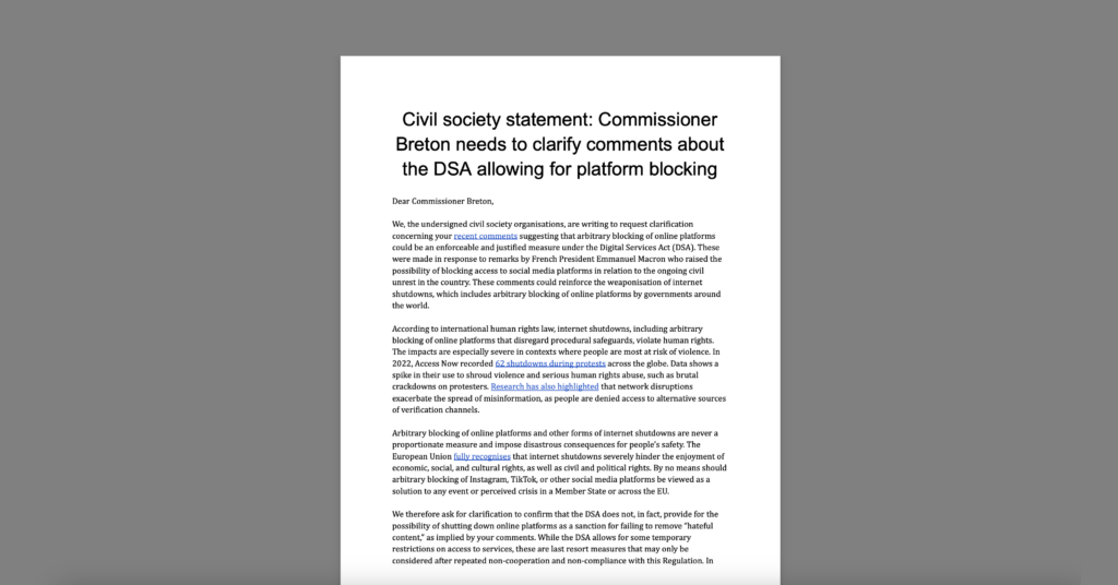 CDT Europe and Civil Society Urge EU Commissioner to Clarify Comments About Blocking Social Media Under DSA. White document on a grey background.