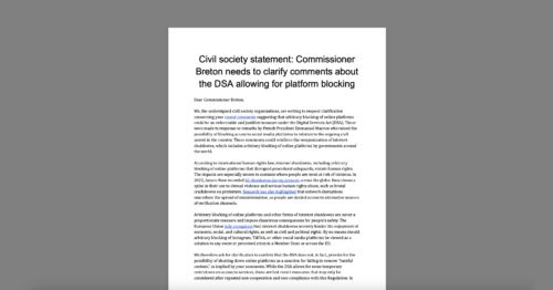 CDT Europe and Civil Society Urge EU Commissioner to Clarify Comments About Blocking Social Media Under DSA. White document on a grey background.