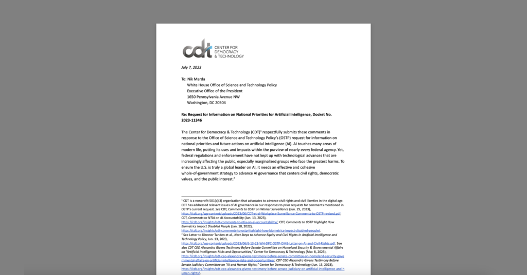 CDT Outlines its Priorities in Comments to OSTP on National AI Strategy. White document on grey background.