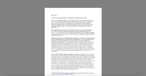 CDT Rallies Groups to Oppose Senate Bill on Drones. White document on a grey background.