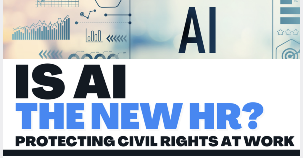 Graphic for CDT CEO Alex Givens' participation at the 2023 SXSW panel, entitled "Is AI the New HR? Protecting Civil Rights at Work."