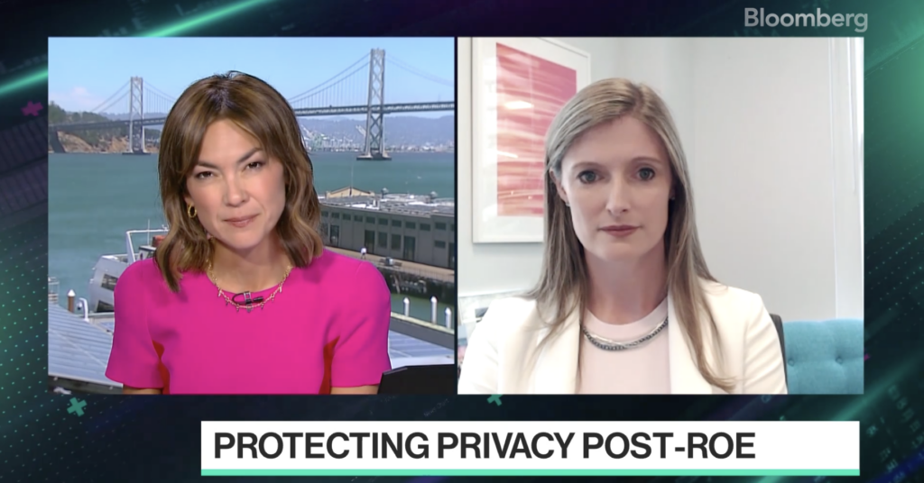 Screenshot of CDT CEO Alex Givens speaking with Bloomberg News about the fight for privacy in the post-Roe world. Alex wearing white to the right.