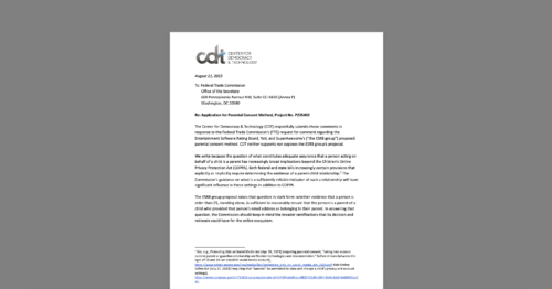 CDT Comments Urge FTC to Consider Broad Implications of Confirming Parent-Child Relationships. White document on a grey background.