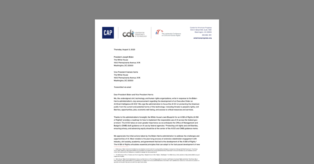 Letter from Civil Rights and Tech Groups Calling on Biden to Incorporate AI Bill of Rights into Forthcoming AI Executive Order. White document on a grey background.