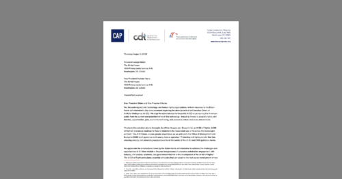 Letter from Civil Rights and Tech Groups Calling on Biden to Incorporate AI Bill of Rights into Forthcoming AI Executive Order. White document on a grey background.