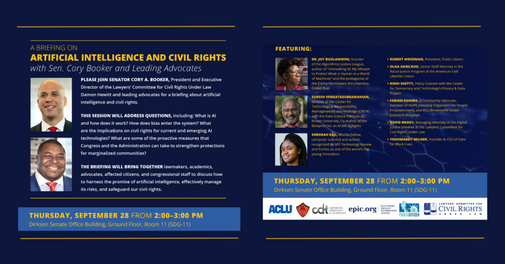 Image for "A Briefing on Artificial Intelligence and Civil Rights with Sen. Cory Booker and Leading Advocates" featuring photos of Sen. Cory Booker and Damon Hewitt on a blue background.