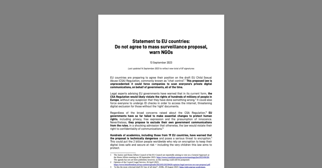 CDT Europe Joins Open Letter Urging EU Countries to Say No to the CSAR Mass Surveillance Proposal. White document on a gray background.