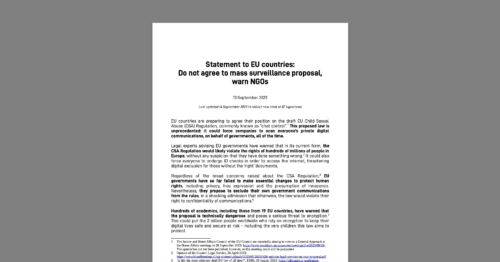 CDT Europe Joins Open Letter Urging EU Countries to Say No to the CSAR Mass Surveillance Proposal. White document on a gray background.