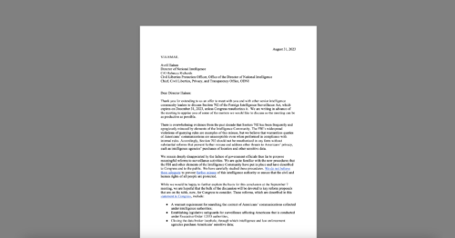 CDT Meets With Director of National Intelligence to Discuss FISA Section 702. White document on a grey background.