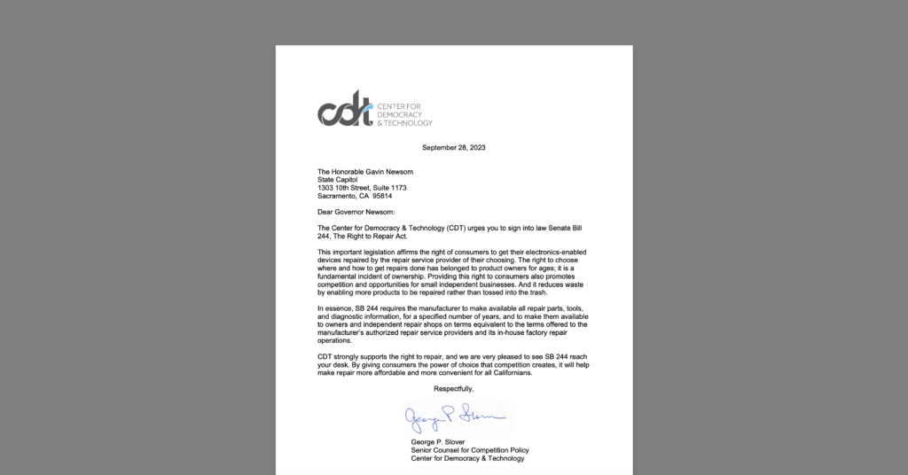CDT Sends Letter to CA Governor Newsom Supporting Right-to-Repair Bill. White document on a grey background.