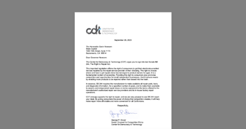 CDT Sends Letter to CA Governor Newsom Supporting Right-to-Repair Bill. White document on a grey background.