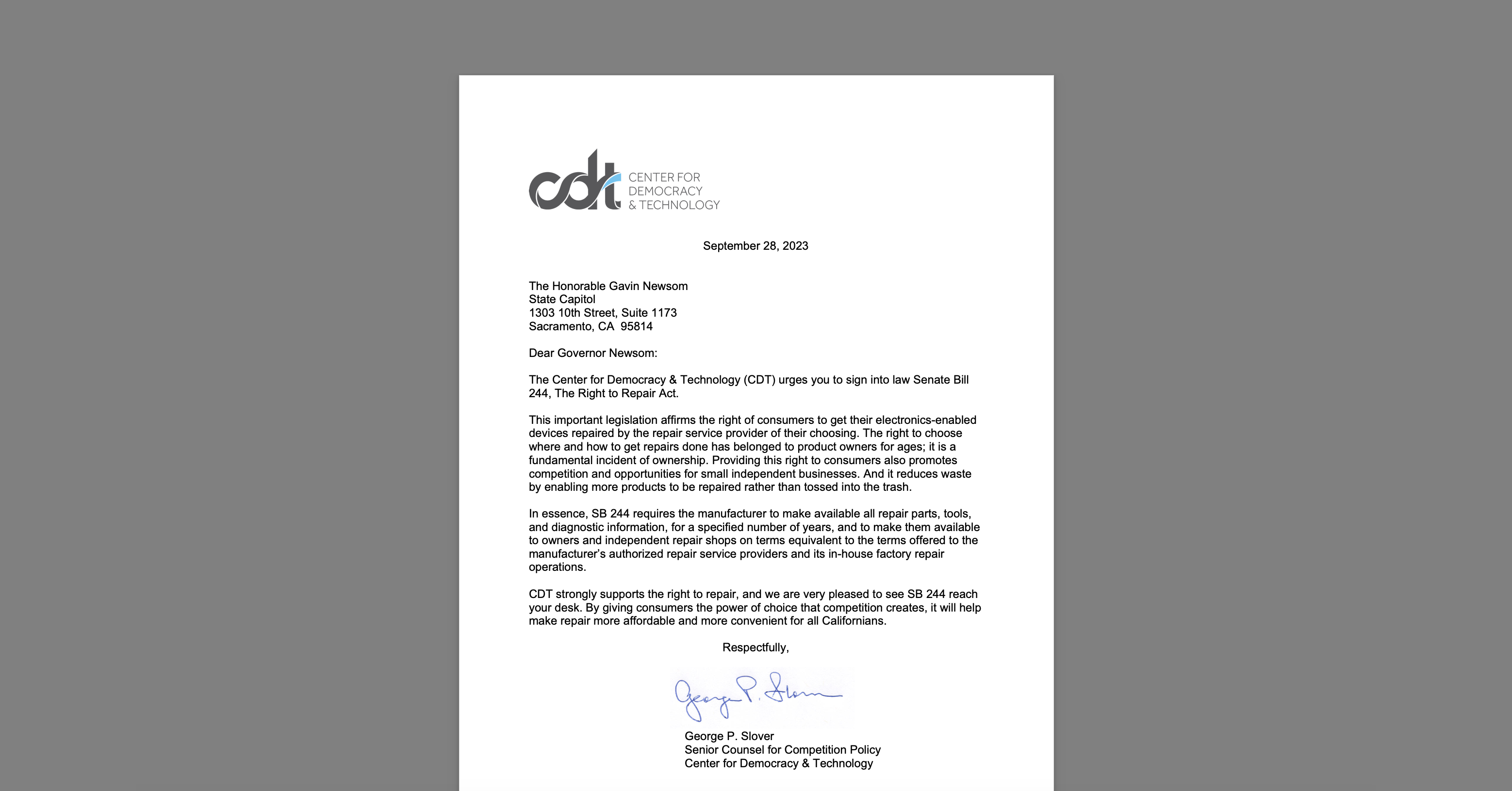 Cdt Sends Letter To Ca Governor Newsom Supporting Right To Repair Bill Center For Democracy 