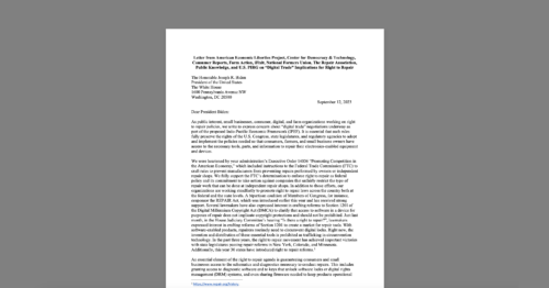 CDT Signs Joint Letter Urging Biden to Protect Right to Repair Against Trade Agreement Override. White document on a grey background.