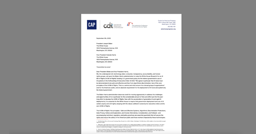 CDT and Coalition Urge White House to Ensure Forthcoming AI Executive Order Advances Civil Rights & Civil Liberties. White document on a grey background.