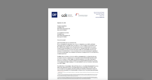 CDT and Coalition Urge White House to Ensure Forthcoming AI Executive Order Advances Civil Rights & Civil Liberties. White document on a grey background.