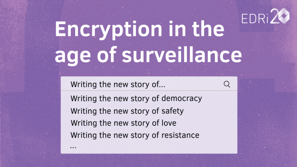 Graphic for an event, called "Encryption in the age of surveillance." Search results shown on purple background.