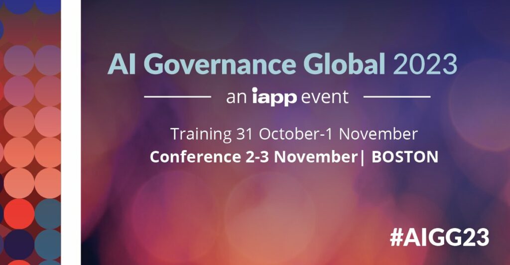 Graphic features "IAPP AI Governance Global Conference" in white and blue text on a dark blue fading backgroud