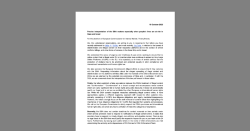 CDT Europe & Civil Society Urge EU Commissioner to Respect Due Process in DSA Enforcement. White document on a grey background.