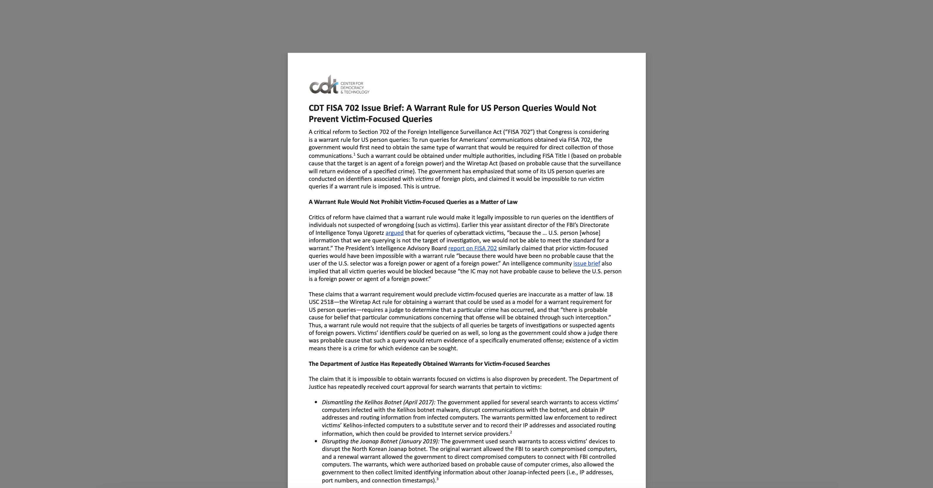 CDT FISA Issue Brief A Warrant Rule For US Person Queries Would Not cdt-fisa-issue-brief-a-warrant-rule-for-us-person-queries-would-not