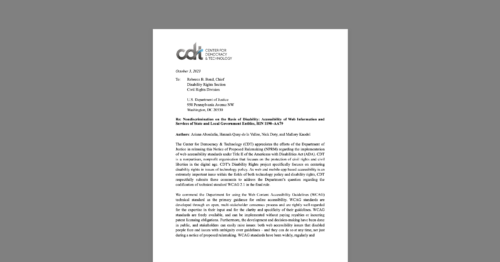 CDT Files Comments to Department of Justice on Web Accessibility. White document on a grey background.