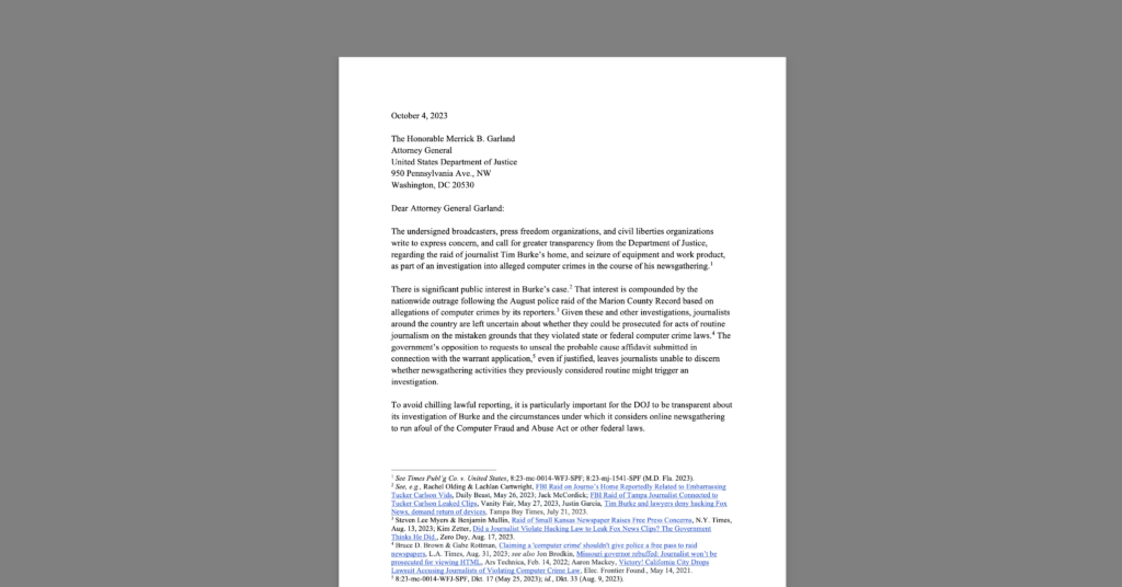 CDT Joins Free Expression and Civil Liberties Orgs Calling for Greater Transparency About FBI Raid to Avoid Chilling Lawful Reporting. White document on a grey background.