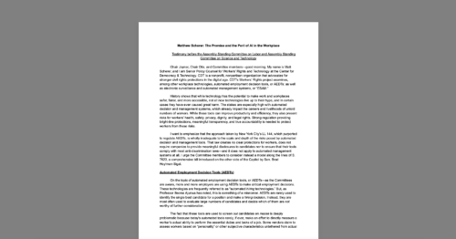 CDT Testifies Before New York Assembly on AI's Impact on the Workforce. White document with a grey background.