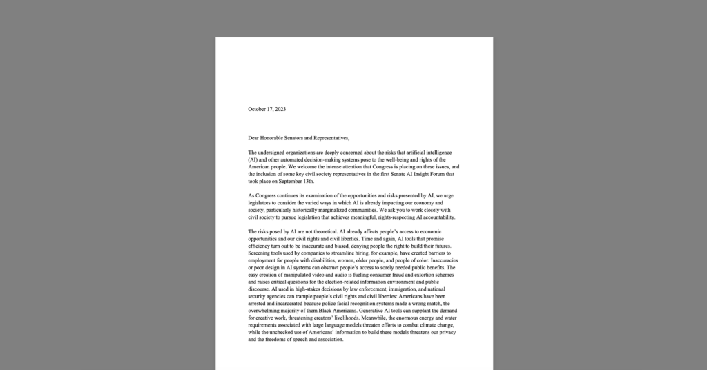 CDT and Public Interest Organizations Call on Congress to Consider Current Harms of AI. White document on a grey background.