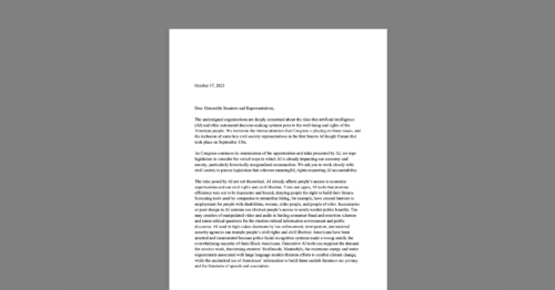 CDT and Public Interest Organizations Call on Congress to Consider Current Harms of AI. White document on a grey background.