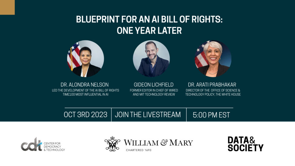 Graphic for event, entitled "Blueprint for an AI Bill of Rights: One Year Later." Co-hosted by the Digital Democracy Lab at William & Mary Law, Data & Society, and the Center for Democracy & Technology. Headshots of a few speakers, in order: Dr. Alondra Nelson; Gideon Lichfield; Dr. Arati Prahbhakar.
