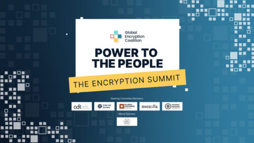 Logo for Power to the People: The Encryption Summit featuring a blue pixilated background with black text in a white square.