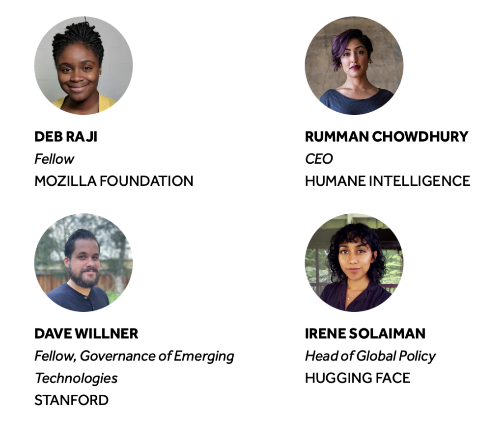 Headshots, names and affiliations for members of the CDT AI Governance Lab Advisory Committee. Left to right, top to bottom: Deb Raji; Rumman Chowdhury; Dave Willner; Irene Solaiman.