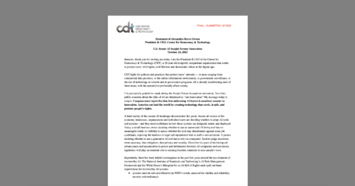 Statement for the US Senate AI Insight Forum on Innovation. White document on a grey background.