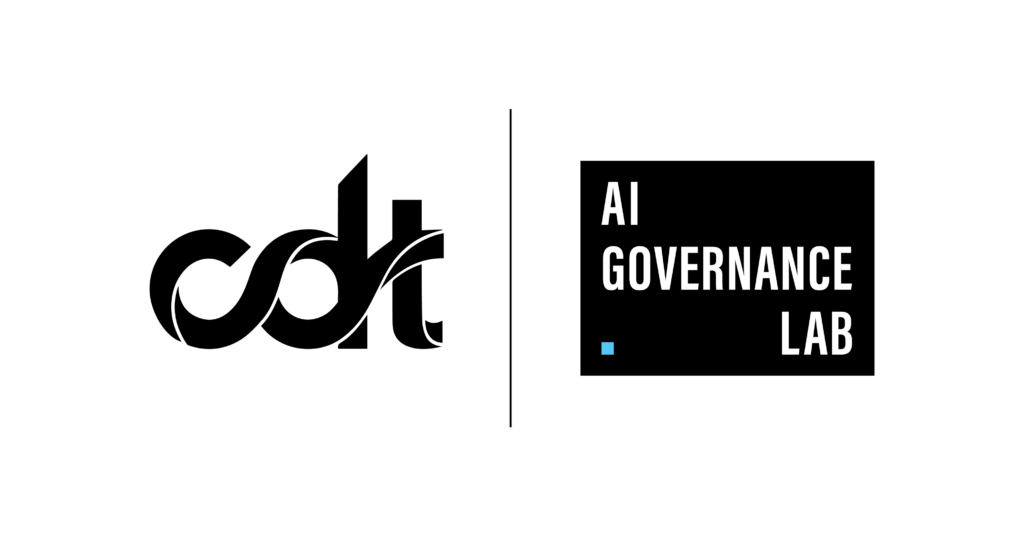 Graphic for CDT AI Governance Lab. Black CDT logo, alongside a black box and white text.