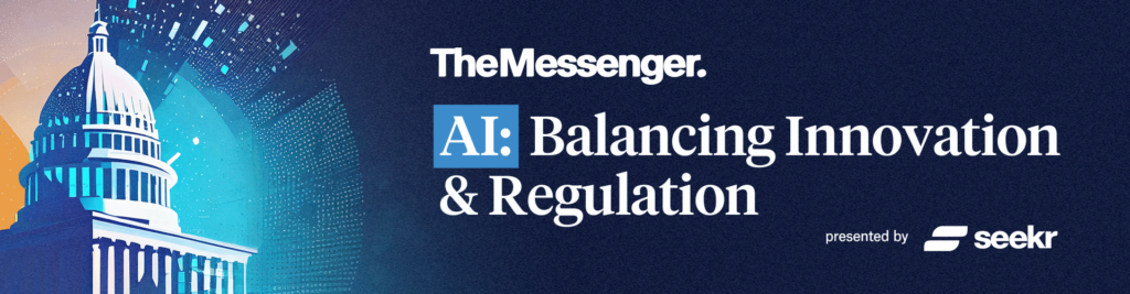 Logo for "The Messenger’s AI: Balancing Innovation & Regulation" featuring white text on a blue background