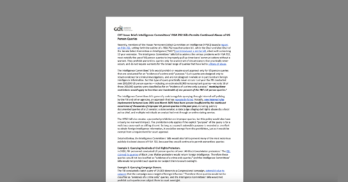 CDT Issue Brief – Intelligence Committees’ FISA 702 Bills Permits Continued Abuse of US Person Queries. White document on a grey background.