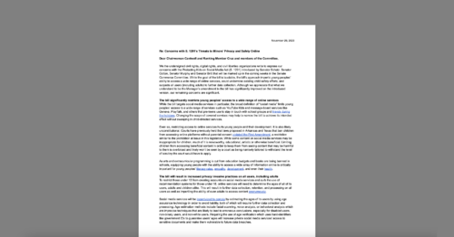 CDT Joins Coalition Raising Concerns About Privacy and Free Expression Threats in Protecting Kids on Social Media Act. White document on a grey background.