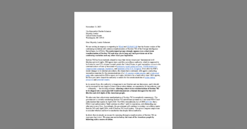 Coalition Calls on Senator Schumer to Keep FISA Section 702 Extension Out of Continuing Resolution. White document on grey background.