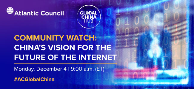 Logo for "Community watch: China's vision for the future of the internet" featuring white text on a blue background