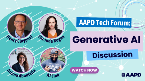 AAPD Tech Forum — Generative AI: The benefits and risks of working with evolving technologies for people with disabilities. Speakers, from top left to bottom right: Henry Claypool, Miranda Bogen, Ariana Aboulafia, AJ Link.