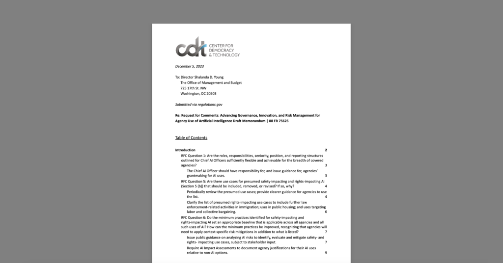 CDT Comments on OMB Draft Guidance for Agency Use of AI. White document on a grey background.