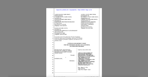 CDT Files Amicus Brief in Stark v. Patreon Supporting the Free Speech and Privacy Protections Provided by the Video Privacy Protection Act. White document on a grey background.