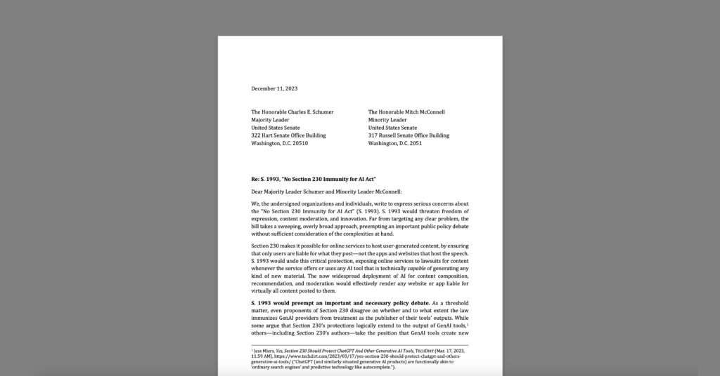 CDT Joins Coalition Letter Calling Out Serious Concerns With “No Section 230 Immunity for AI Act.” White document on a grey background.