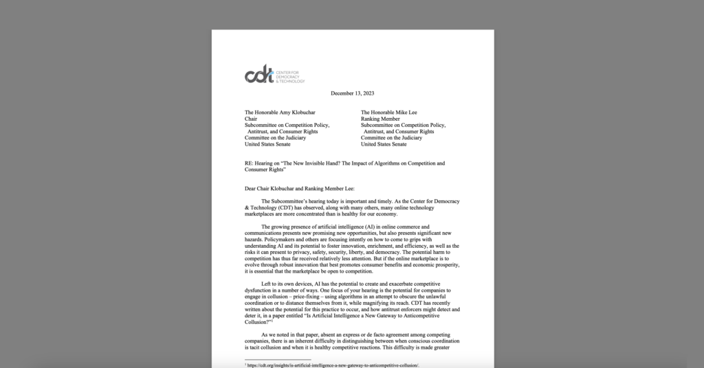 CDT Sends Letter to Senate Antitrust Hearing on Pricing Algorithms. White document on a grey background.